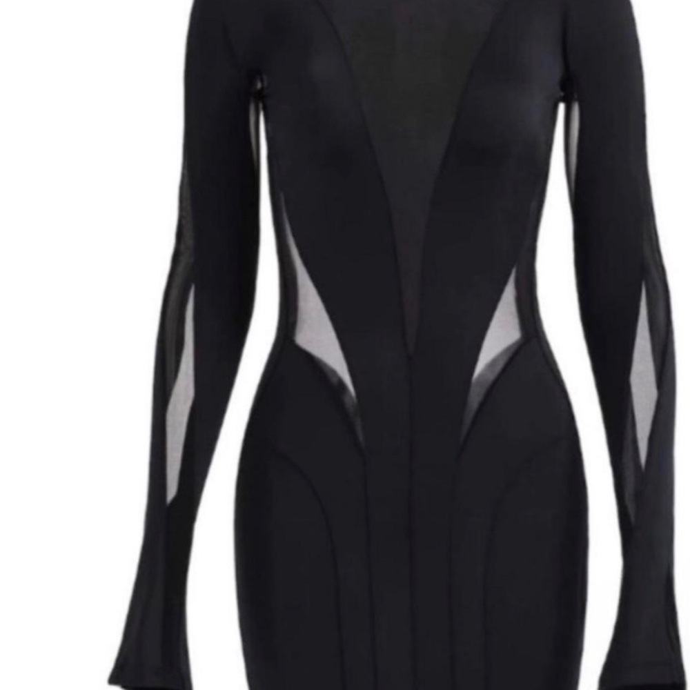 Mugler Black Bodycon Dress with Bell Sleeves and V-Neck